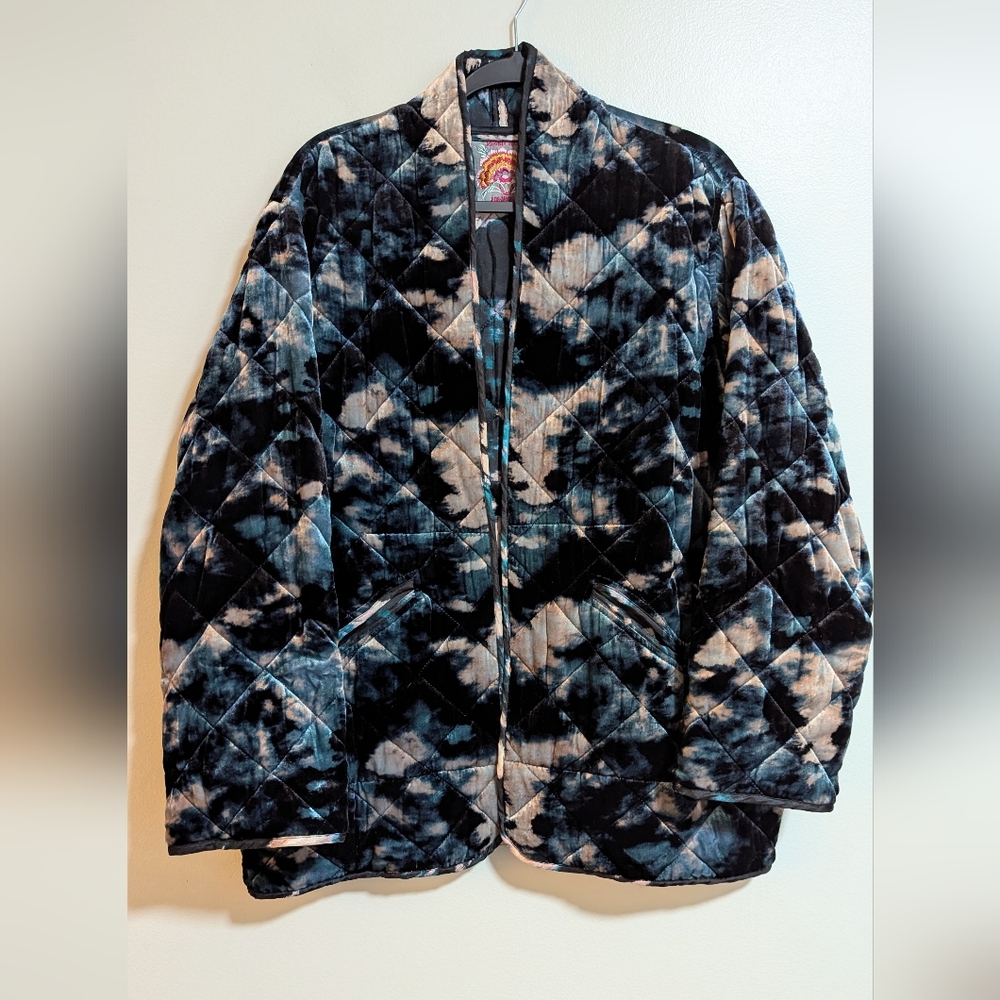 Johnny Was "Shadow" Blue Silk Camo Velvet Quilted Open Front Jacket Size XL